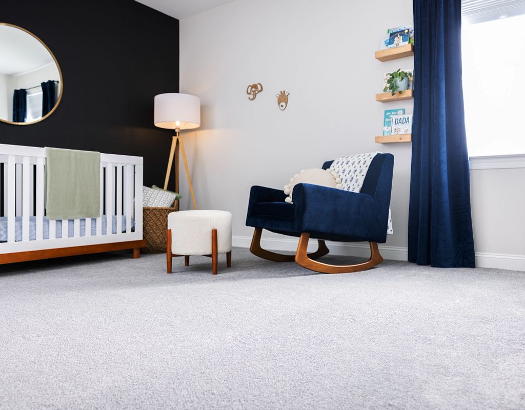 Carpet flooring with blue couch | Thornton Flooring